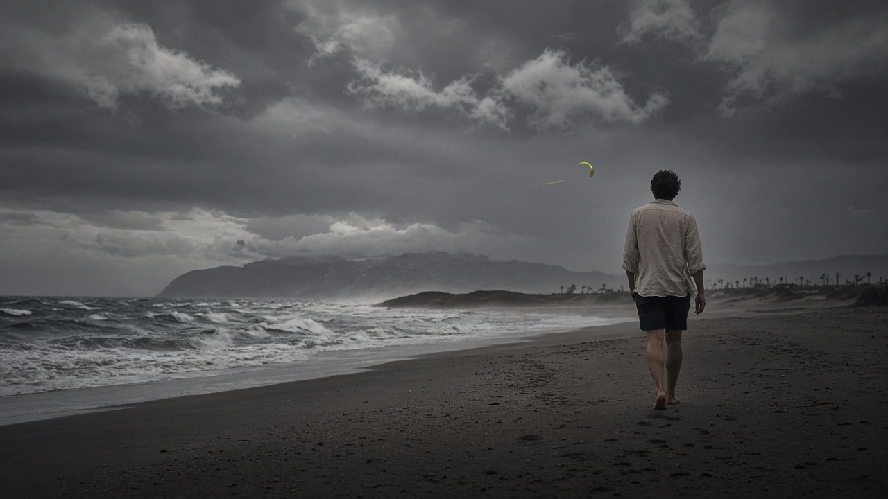 Costa de Tarifa con viento, una persona en lino y bañador oscuro caminando, cometa lejana.