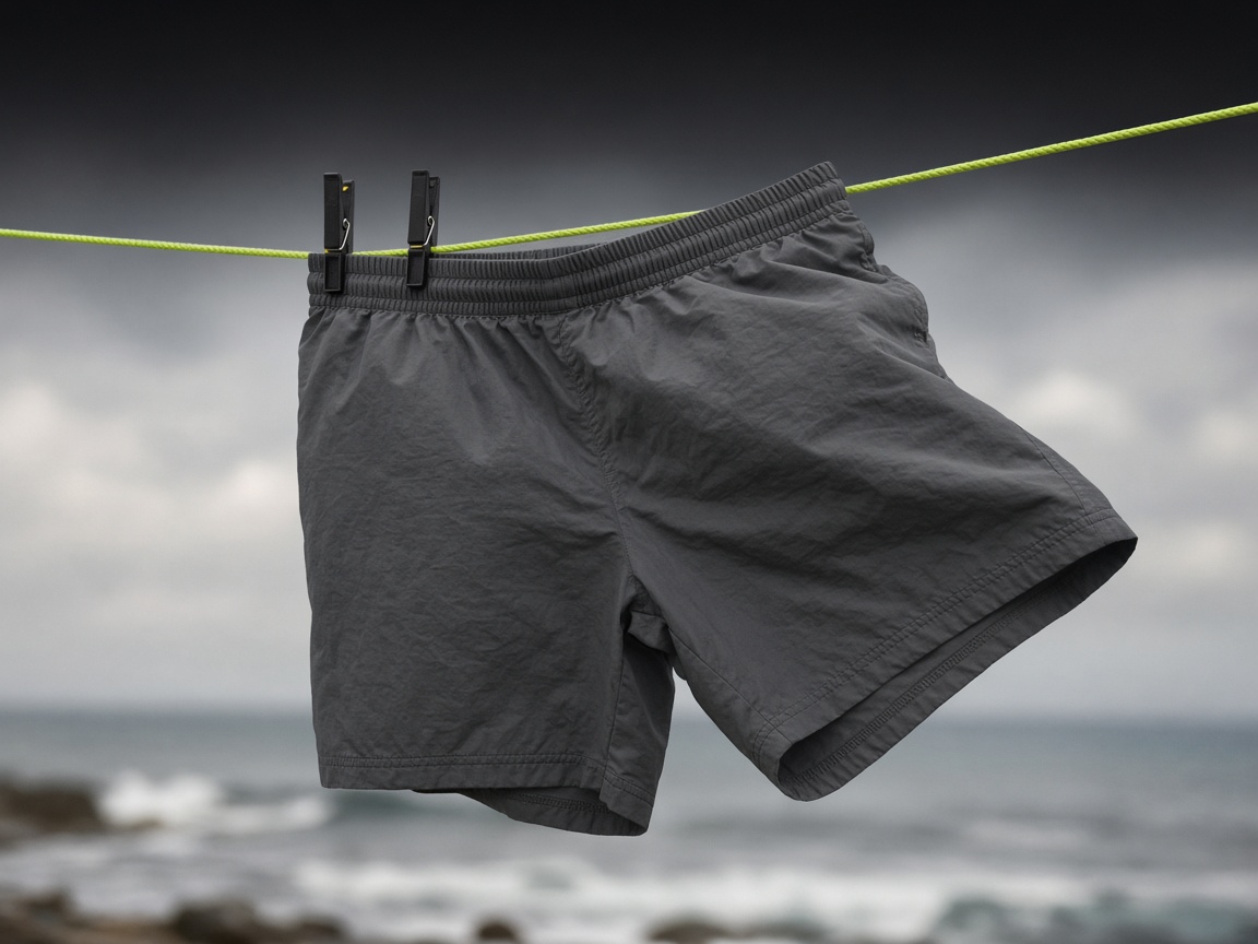 Bañador de hombre en un tendedero al viento, sin logotipos.