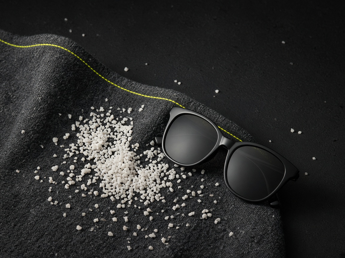 Detalle de tejido, sal y gafas de sol sobre fondo carbón con costura amarilla.