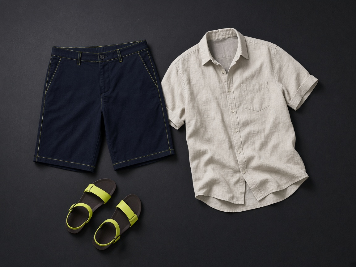 Flat lay con bermuda, camisa, sandalias y una costura amarillo ácido, sin logos.