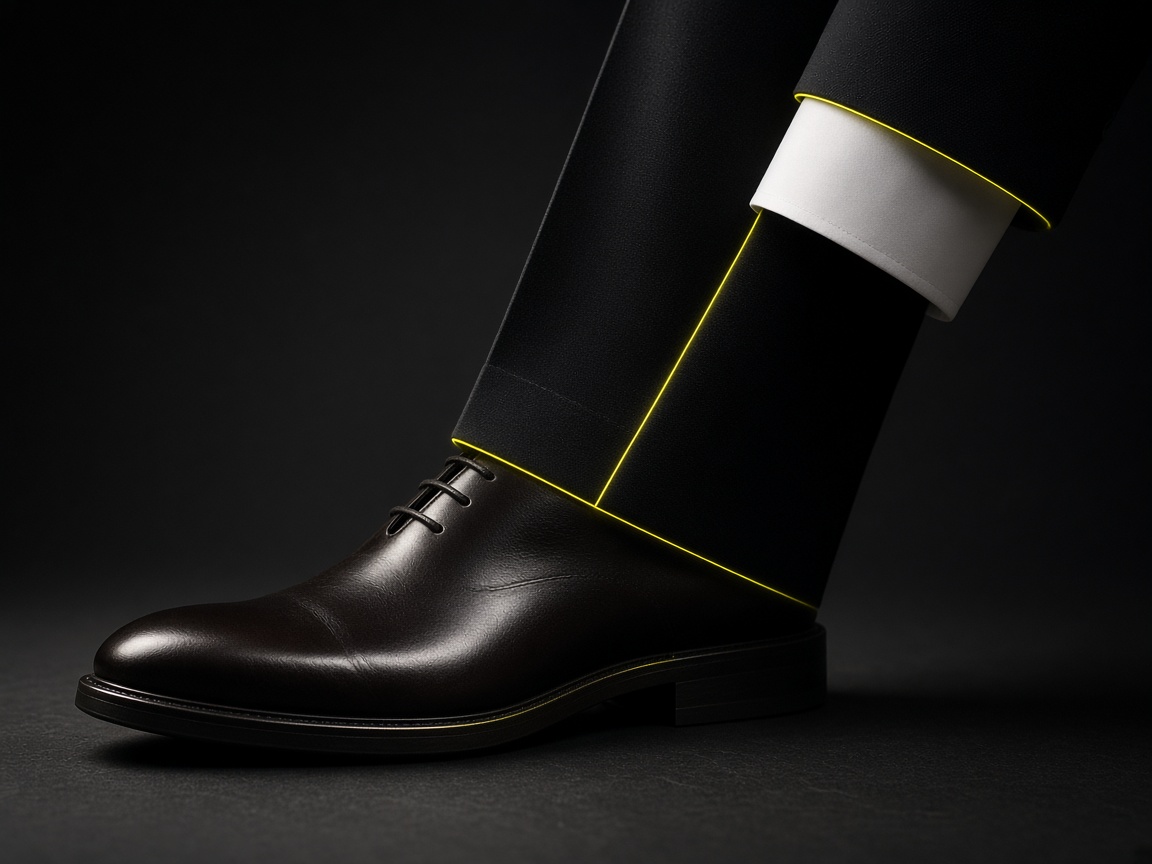 Detalle de zapato de cuero y puño de camisa, carbón y un fino borde de luz amarilla.