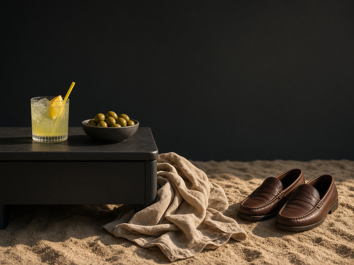Mesa baja, camisa de lino y mocasines junto a la arena al atardecer, sin muro de logos.
