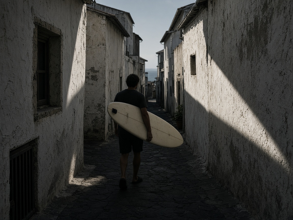 Calle blanca del casco antiguo con una tabla de surf bajo el brazo.